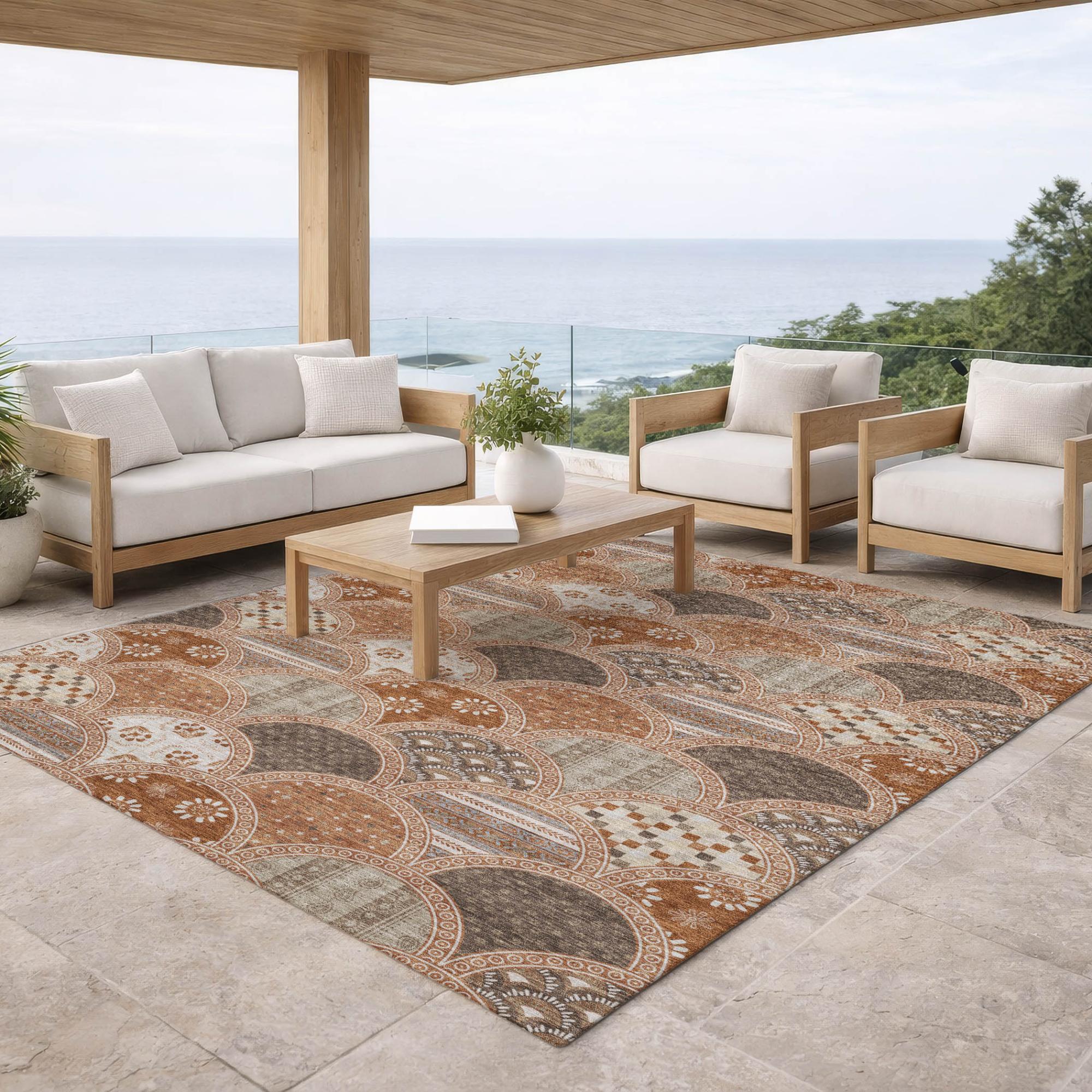 8' X 10' Orange And Chocolate Geometric Washable Indoor Outdoor Area Rug Homeroots Outdoor