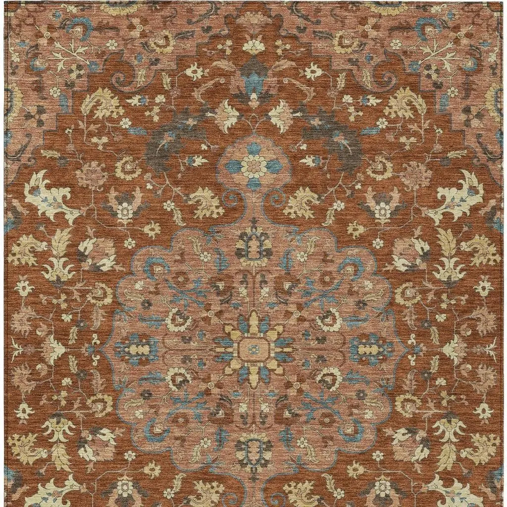 8' X 10' Orange And Copper Floral Medallion Washable Indoor Outdoor Area Rug Homeroots Outdoor