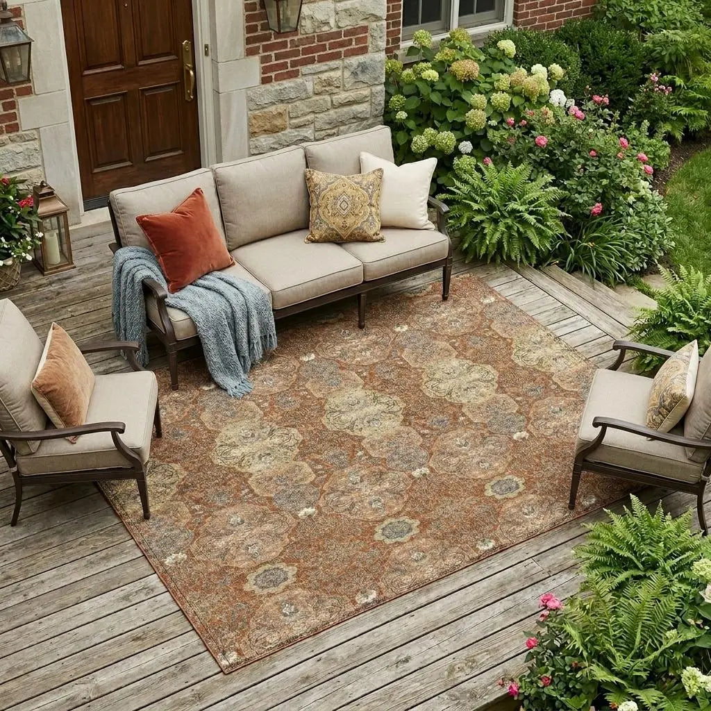 8' X 10' Orange And Copper Floral Washable Indoor Outdoor Area Rug Homeroots Outdoor