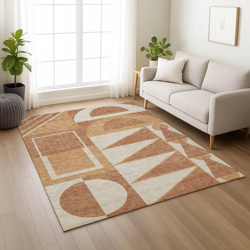 8' X 10' Orange And Copper Geometric Washable Indoor Outdoor Area Rug Homeroots Outdoor