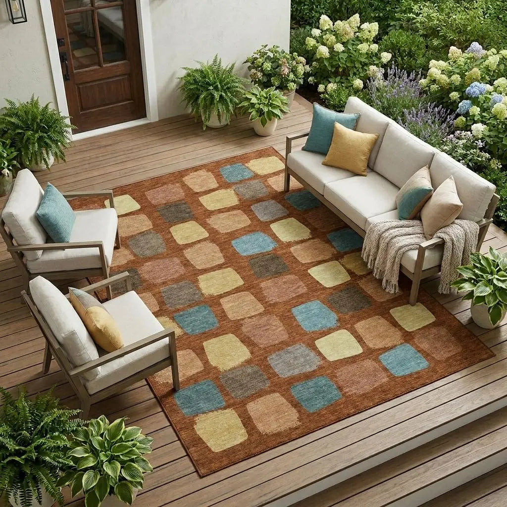 8' X 10' Orange And Copper Geometric Washable Indoor Outdoor Area Rug Homeroots Outdoor