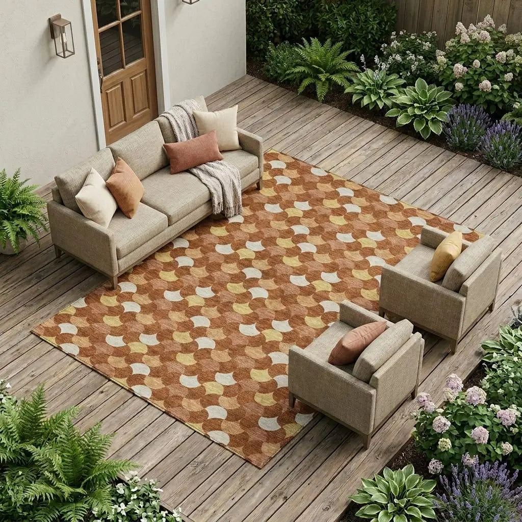 8' X 10' Orange And Copper Geometric Washable Indoor Outdoor Area Rug Homeroots Outdoor