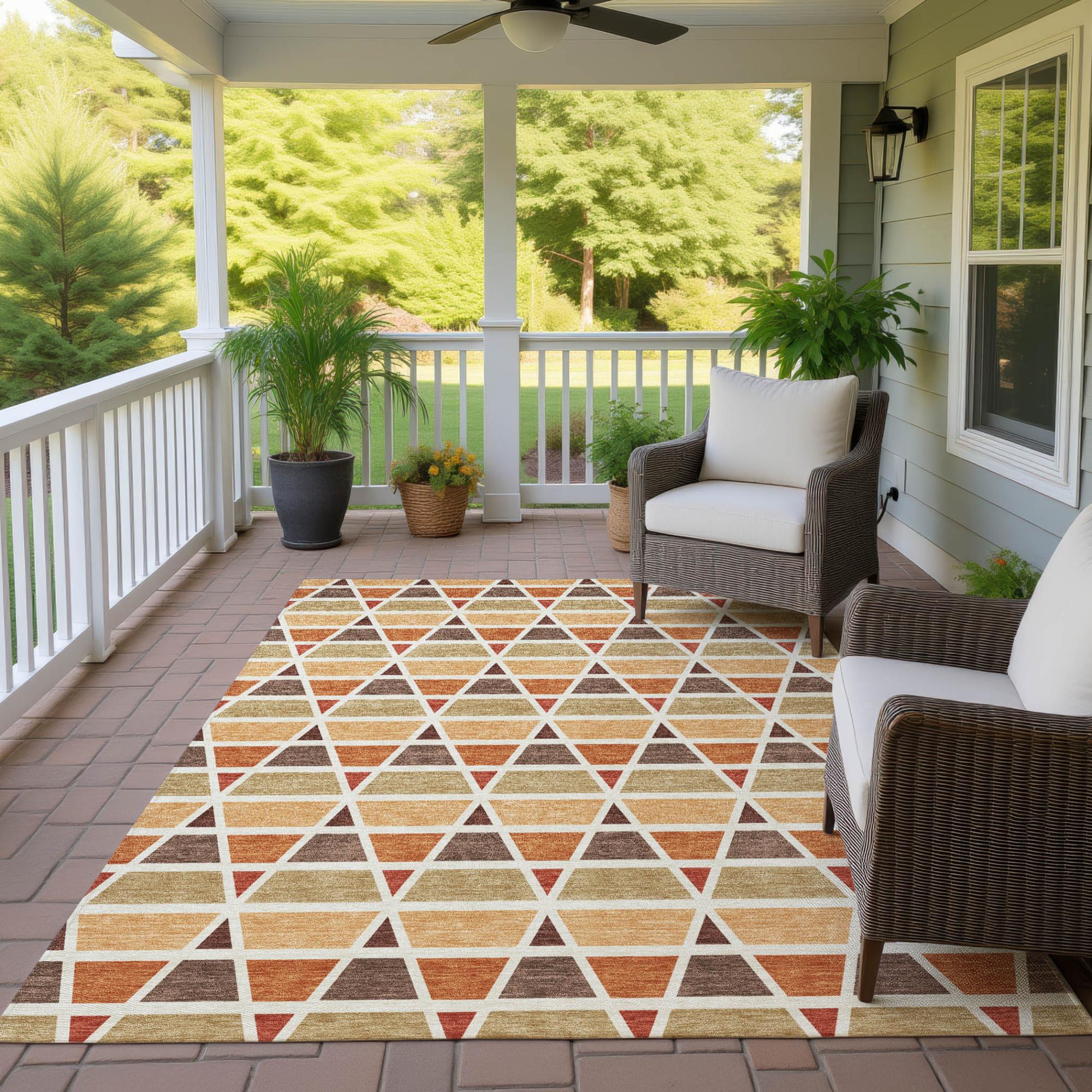 8' X 10' Orange And Cream Geometric Washable Indoor Outdoor Area Rug Homeroots Outdoor