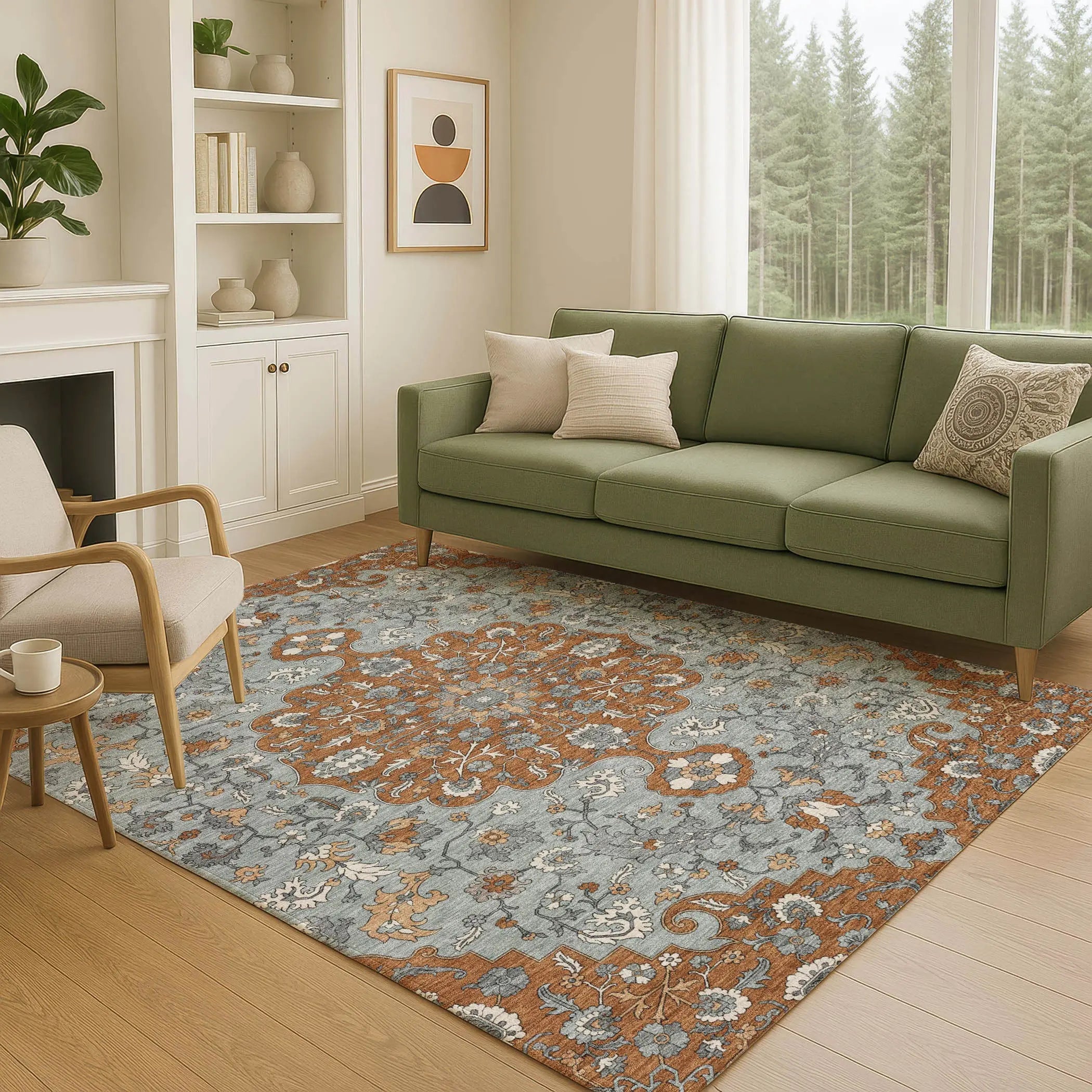 8' X 10' Orange And Gray Floral Medallion Washable Indoor Outdoor Area Rug Homeroots Outdoor