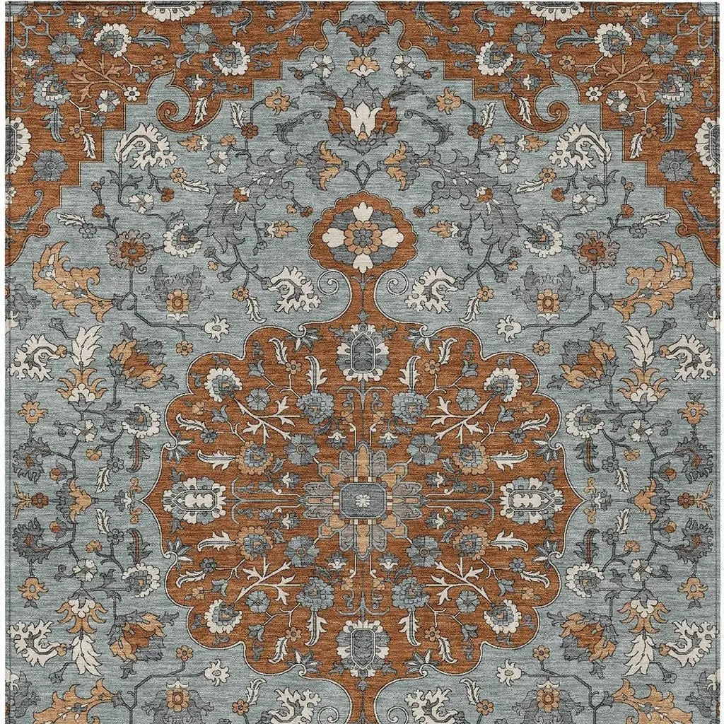 8' X 10' Orange And Gray Floral Medallion Washable Indoor Outdoor Area Rug Homeroots Outdoor