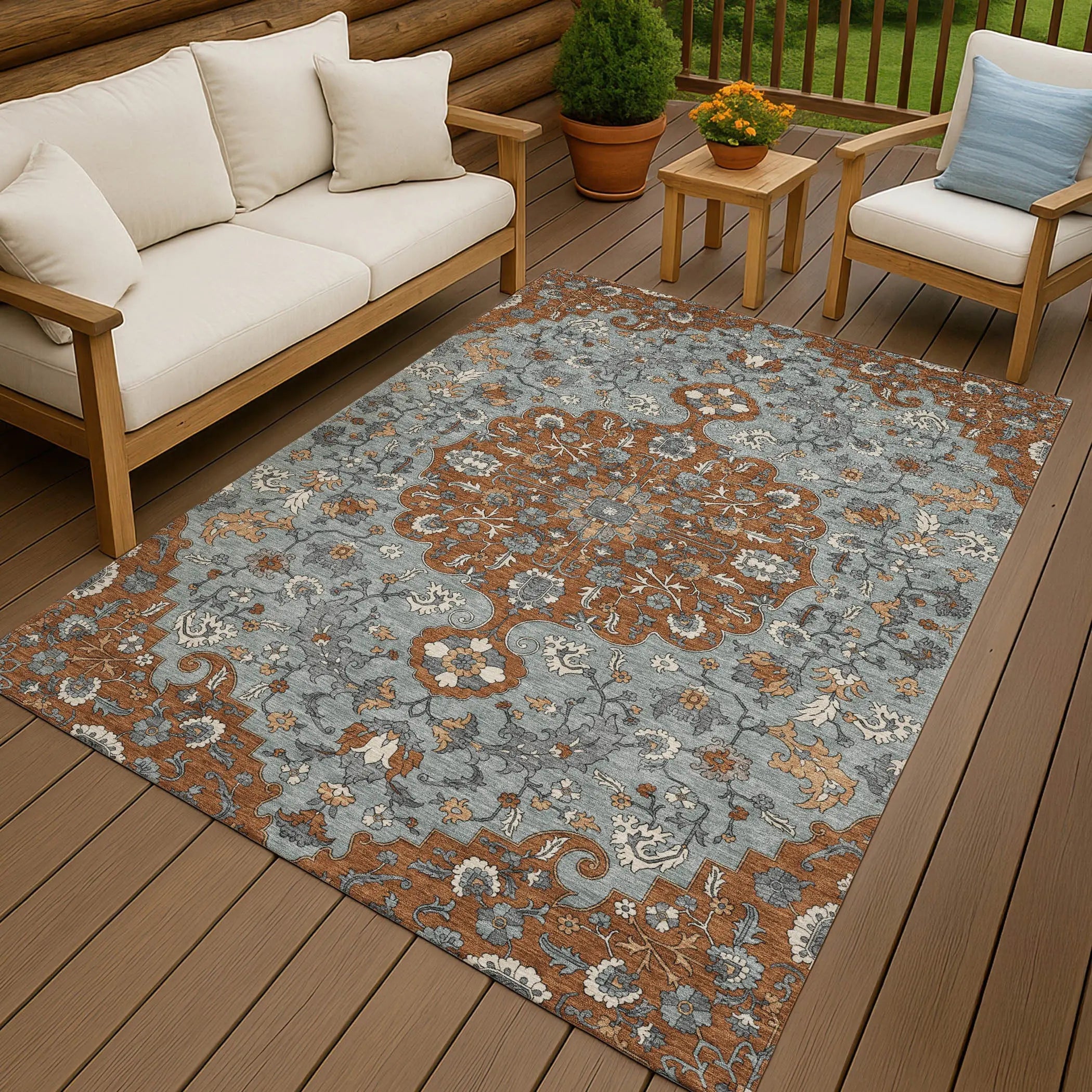 8' X 10' Orange And Gray Floral Medallion Washable Indoor Outdoor Area Rug Homeroots Outdoor