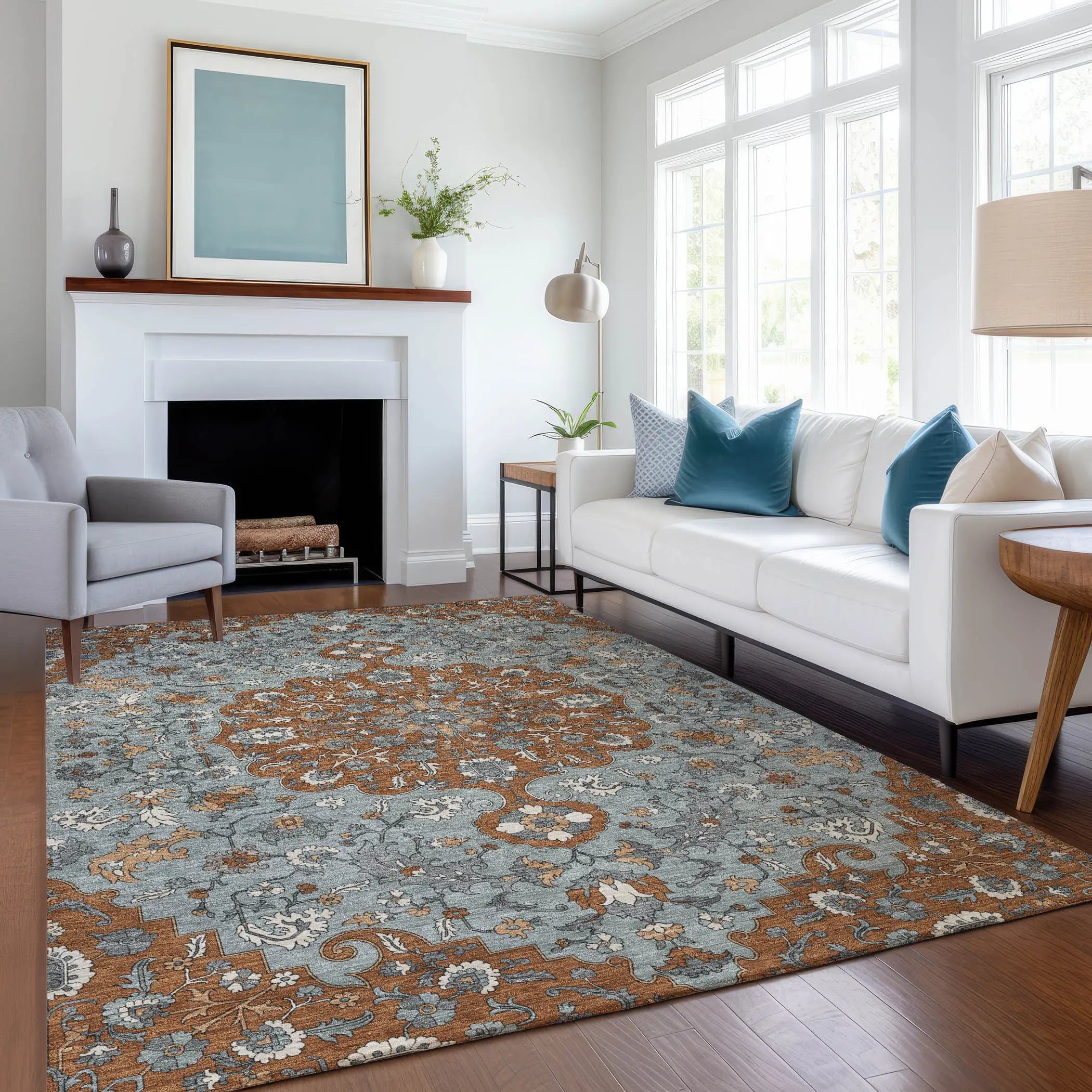8' X 10' Orange And Gray Floral Medallion Washable Indoor Outdoor Area Rug Homeroots Outdoor