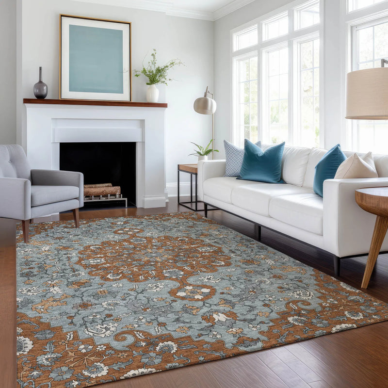 8' X 10' Orange And Gray Floral Medallion Washable Indoor Outdoor Area Rug Homeroots Outdoor