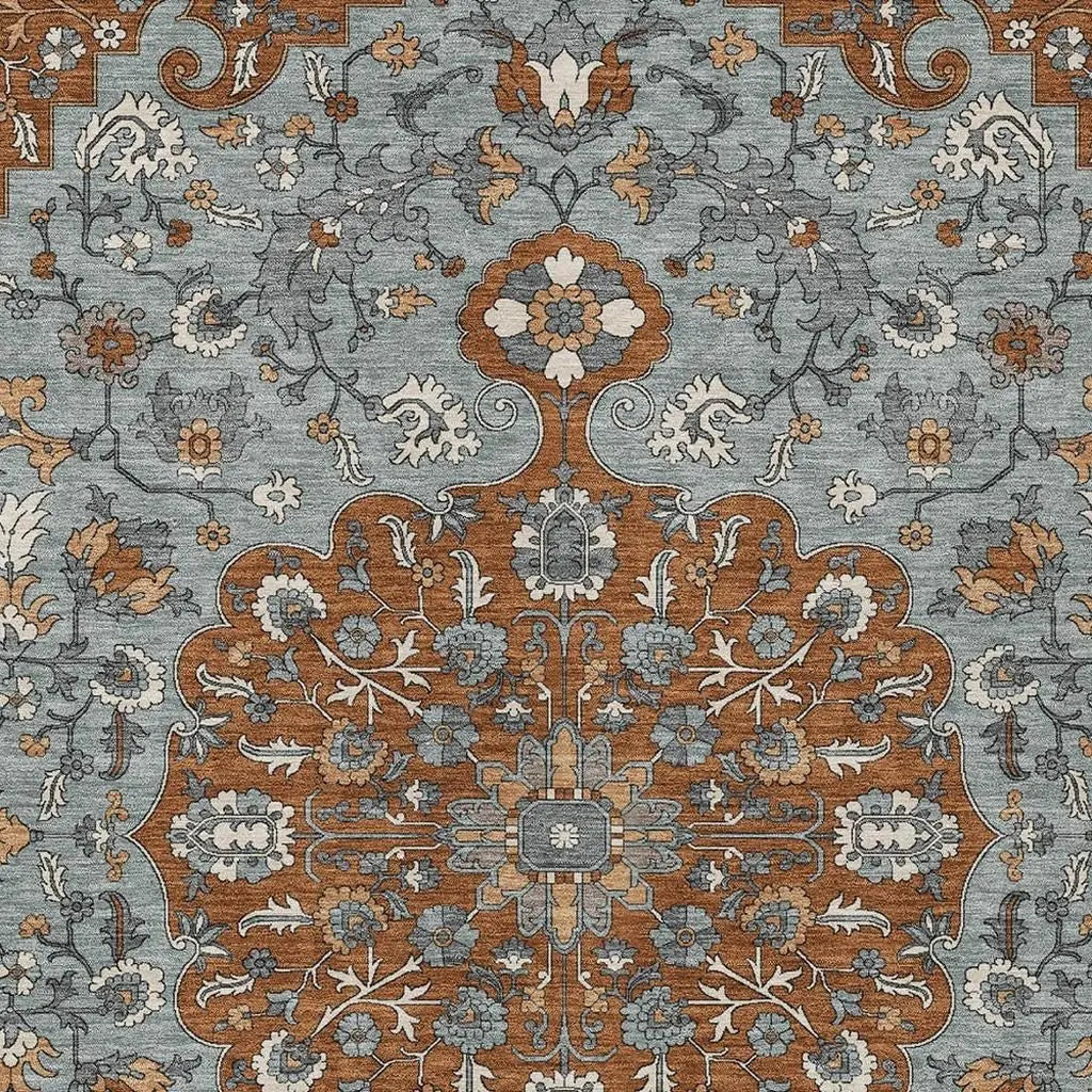 8' X 10' Orange And Gray Floral Medallion Washable Indoor Outdoor Area Rug Homeroots Outdoor