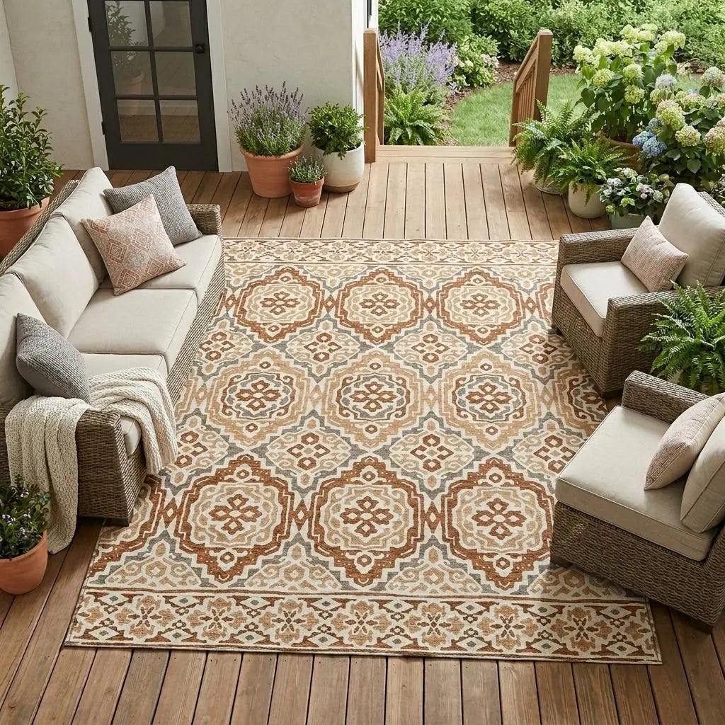 8' X 10' Orange And Gray Tribal Washable Indoor Outdoor Area Rug Homeroots Outdoor