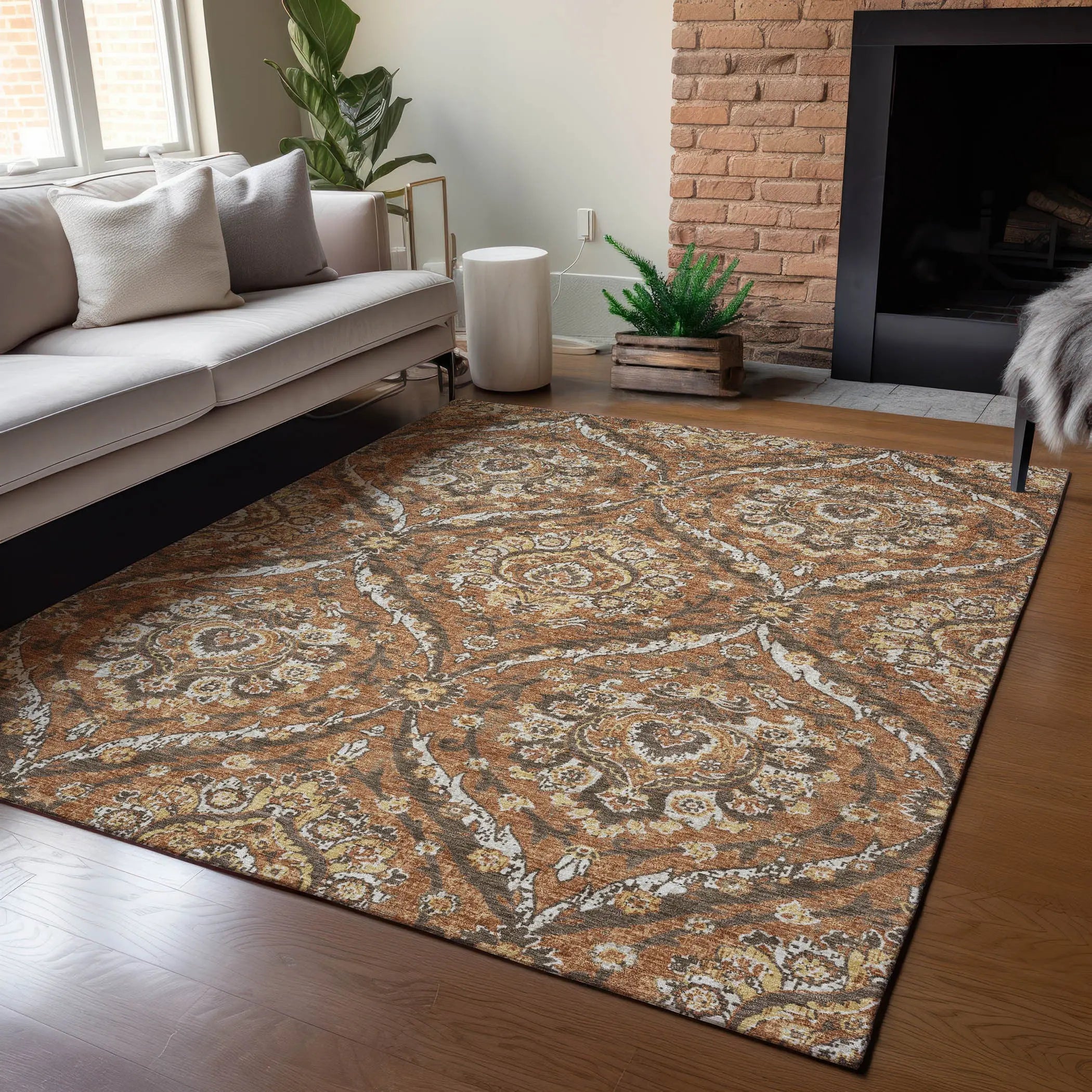 8' X 10' Orange And Green Floral Washable Indoor Outdoor Area Rug Homeroots Outdoor
