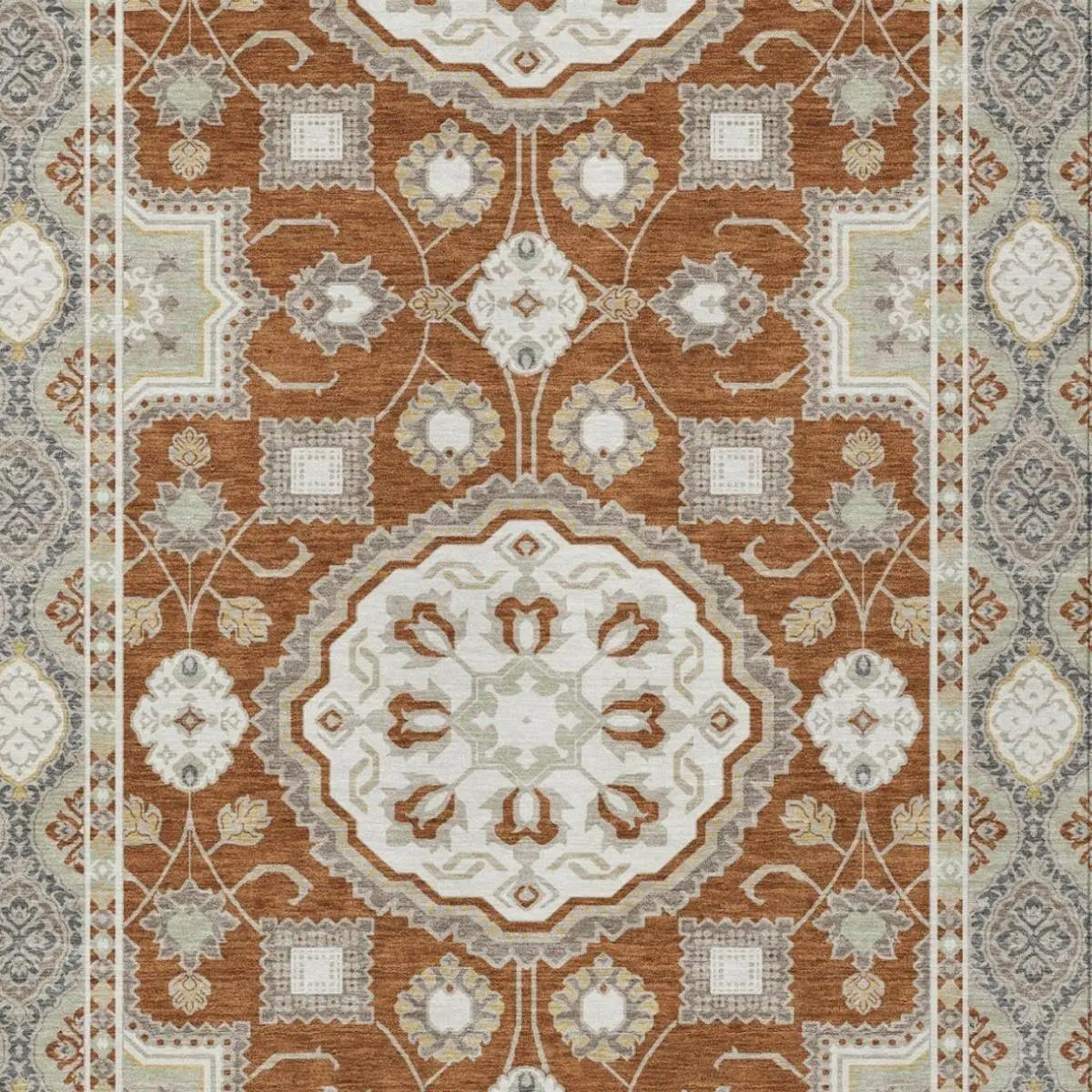 8' X 10' Orange And Ivory Floral Medallion Washable Indoor Outdoor Area Rug Homeroots Outdoor