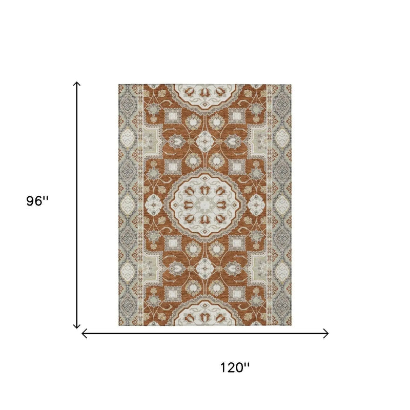 8' X 10' Orange And Ivory Floral Medallion Washable Indoor Outdoor Area Rug Homeroots Outdoor