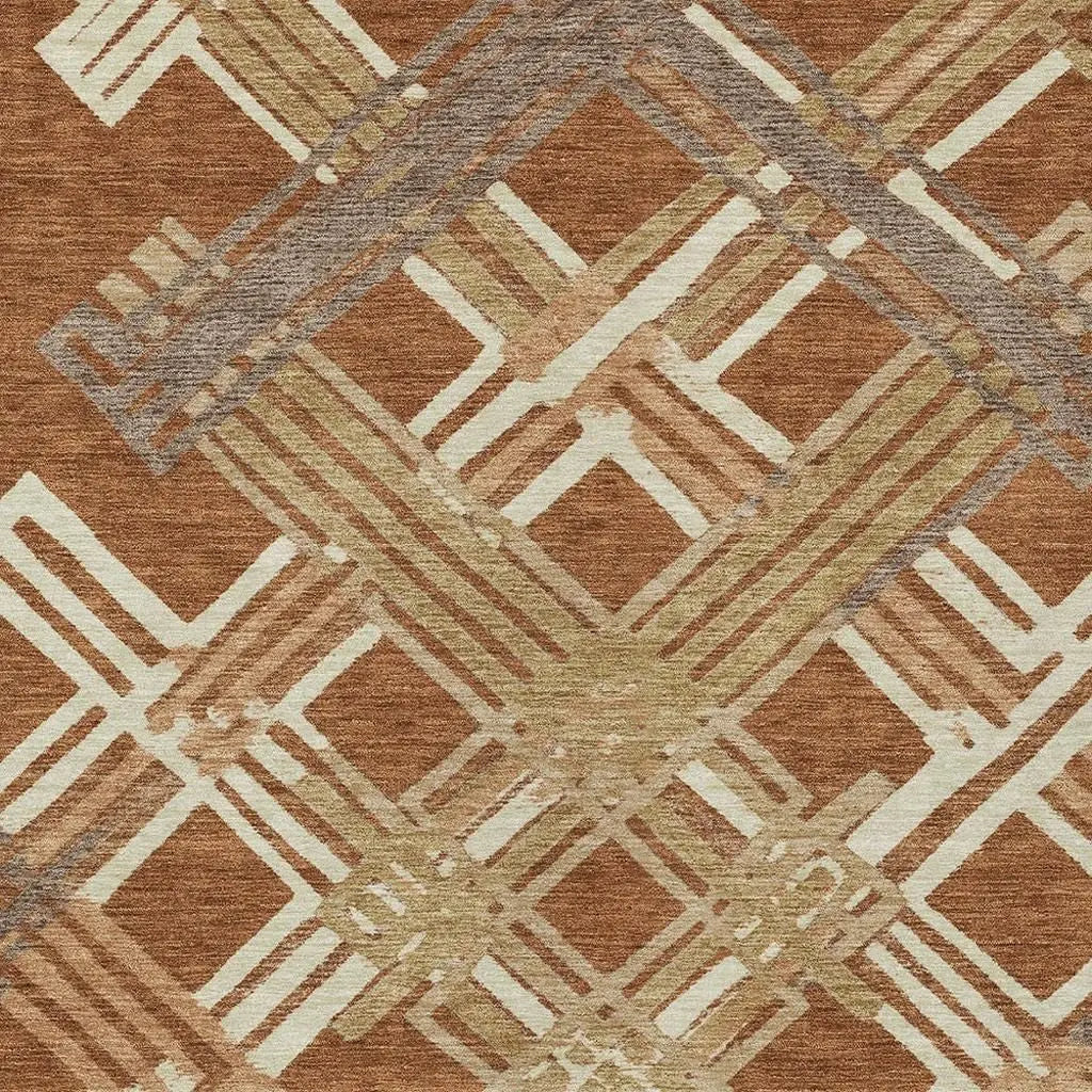 8' X 10' Orange And Ivory Geometric Washable Indoor Outdoor Area Rug Homeroots Outdoor