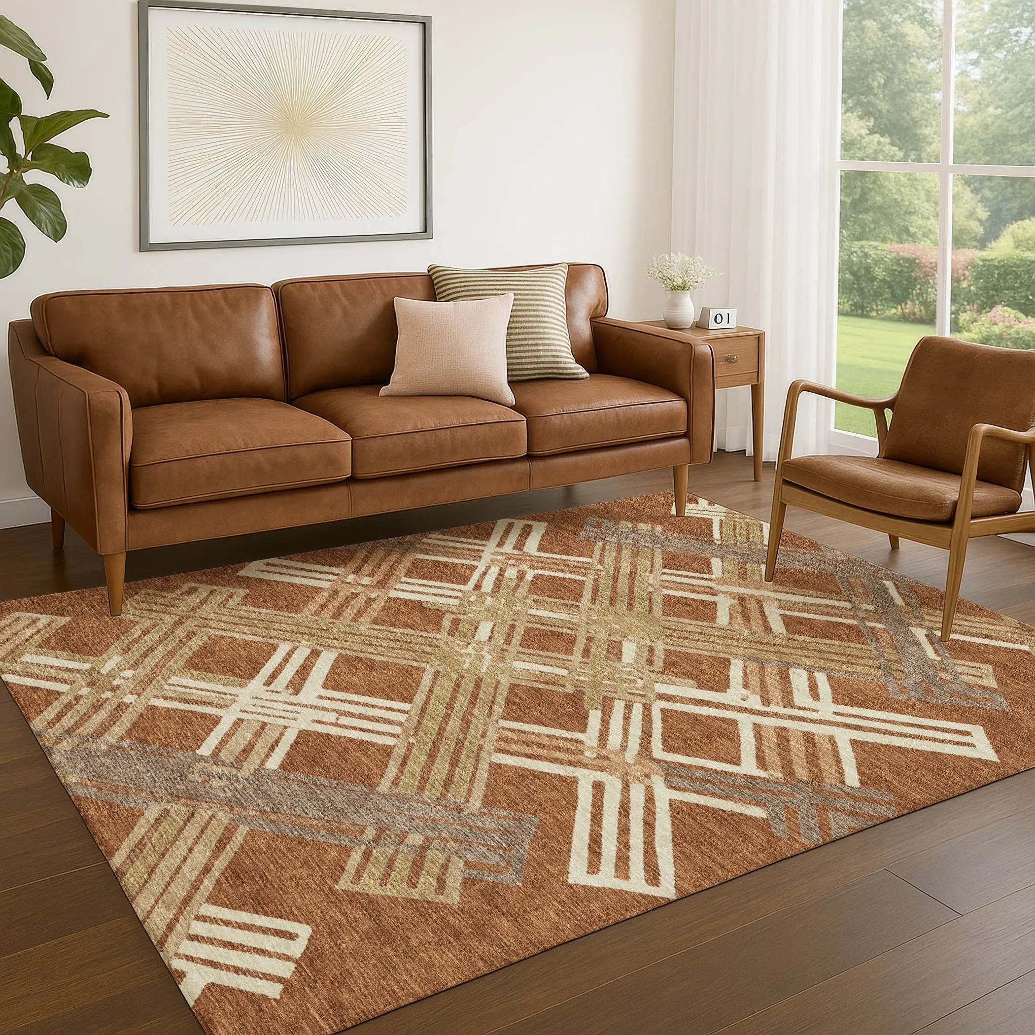 8' X 10' Orange And Ivory Geometric Washable Indoor Outdoor Area Rug Homeroots Outdoor