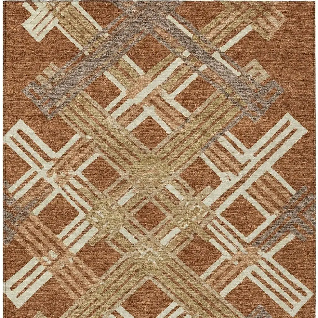 8' X 10' Orange And Ivory Geometric Washable Indoor Outdoor Area Rug Homeroots Outdoor