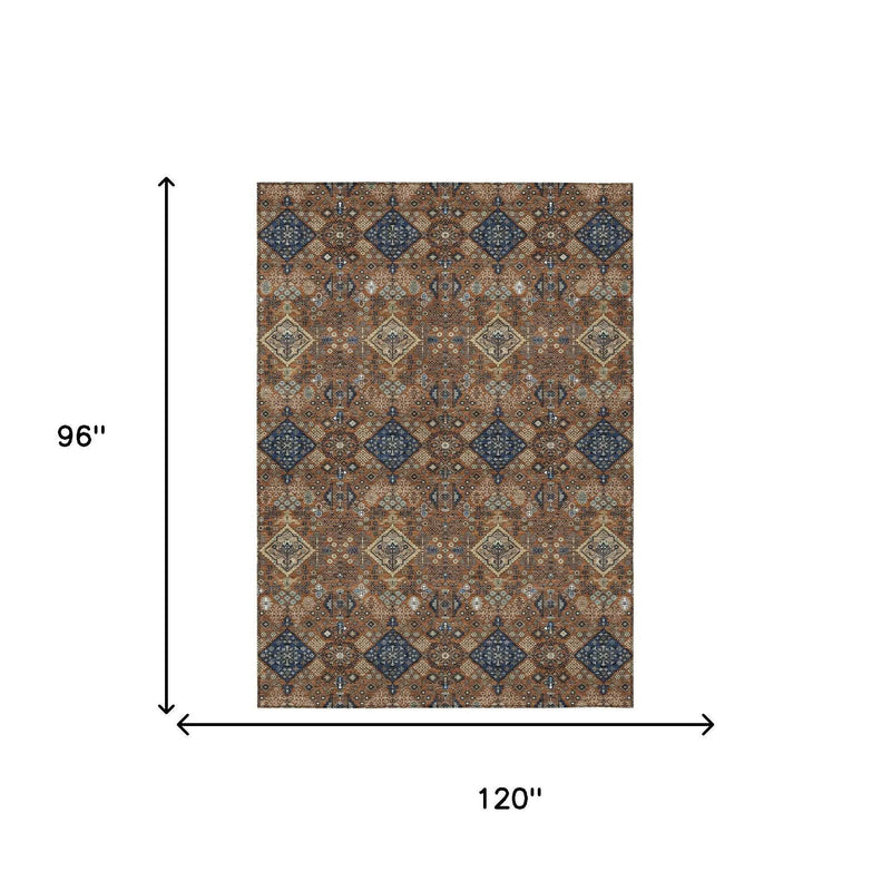 8' X 10' Orange And Navy Blue Geometric Washable Indoor Outdoor Area Rug Homeroots Outdoor
