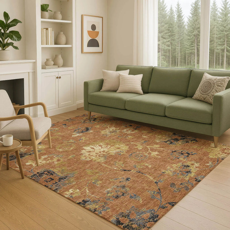 8' X 10' Orange And Rust Floral Washable Indoor Outdoor Area Rug Homeroots Outdoor