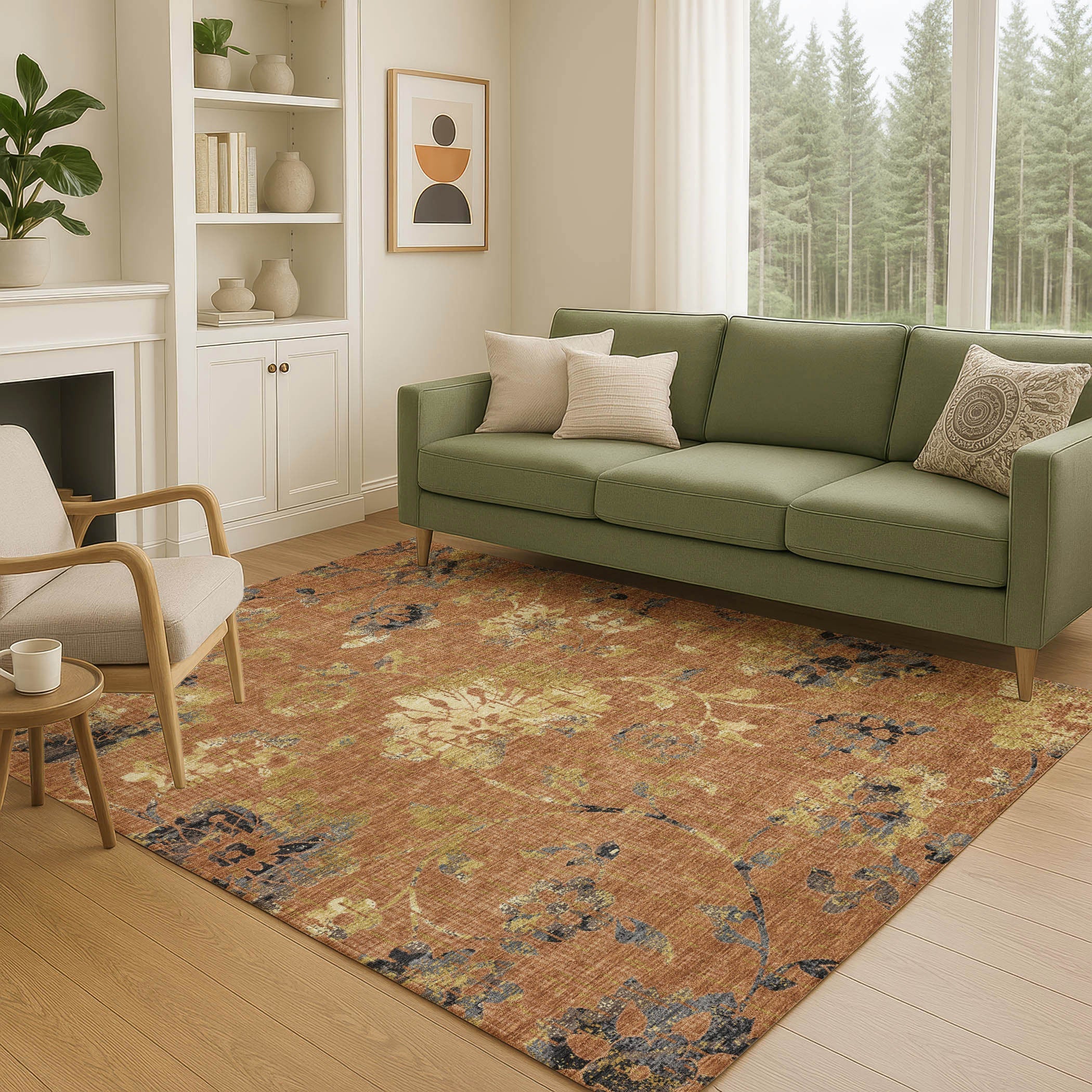 8' X 10' Orange And Rust Floral Washable Indoor Outdoor Area Rug Homeroots Outdoor