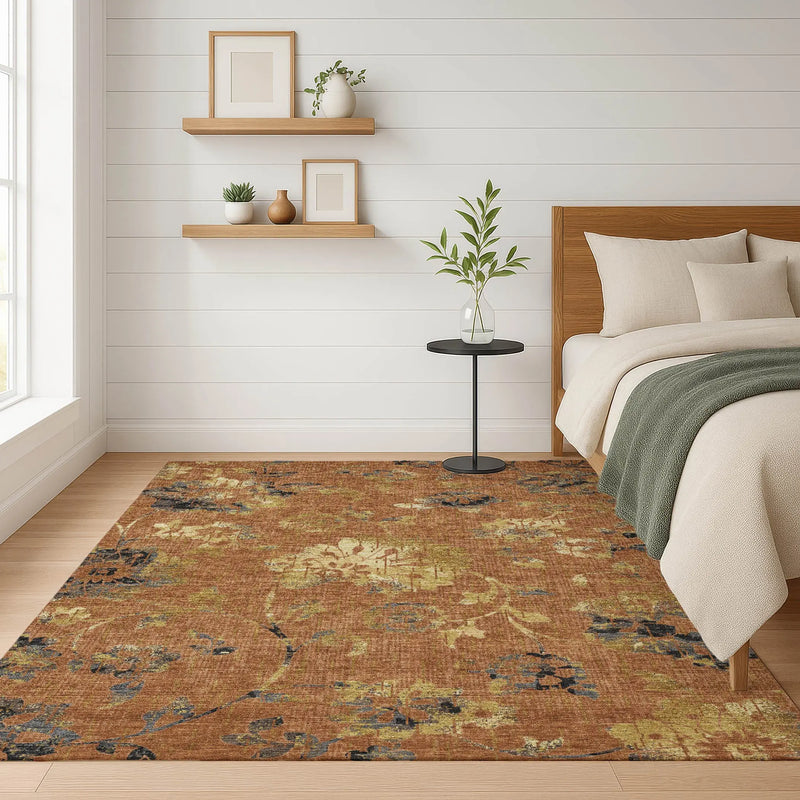 8' X 10' Orange And Rust Floral Washable Indoor Outdoor Area Rug Homeroots Outdoor
