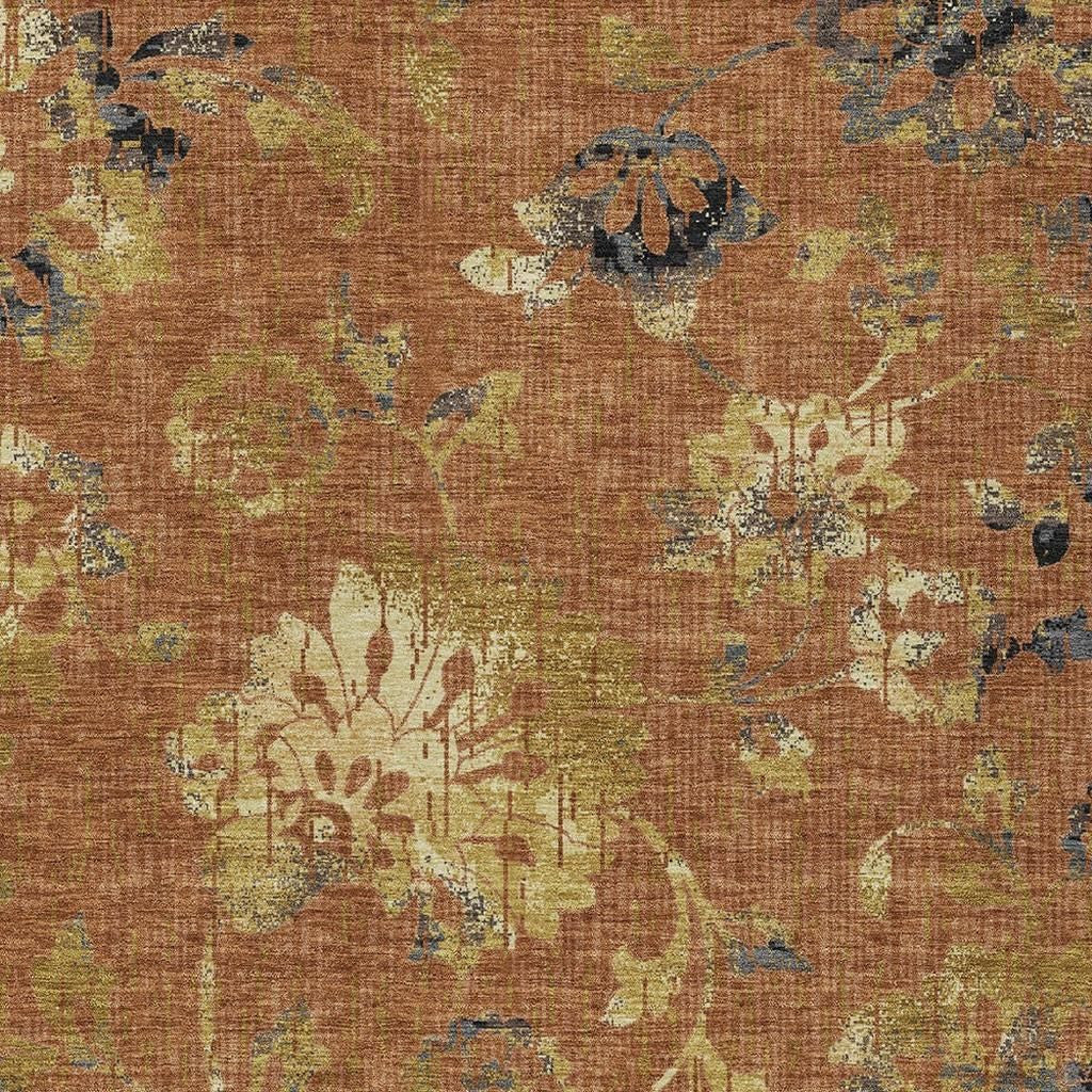 8' X 10' Orange And Rust Floral Washable Indoor Outdoor Area Rug Homeroots Outdoor