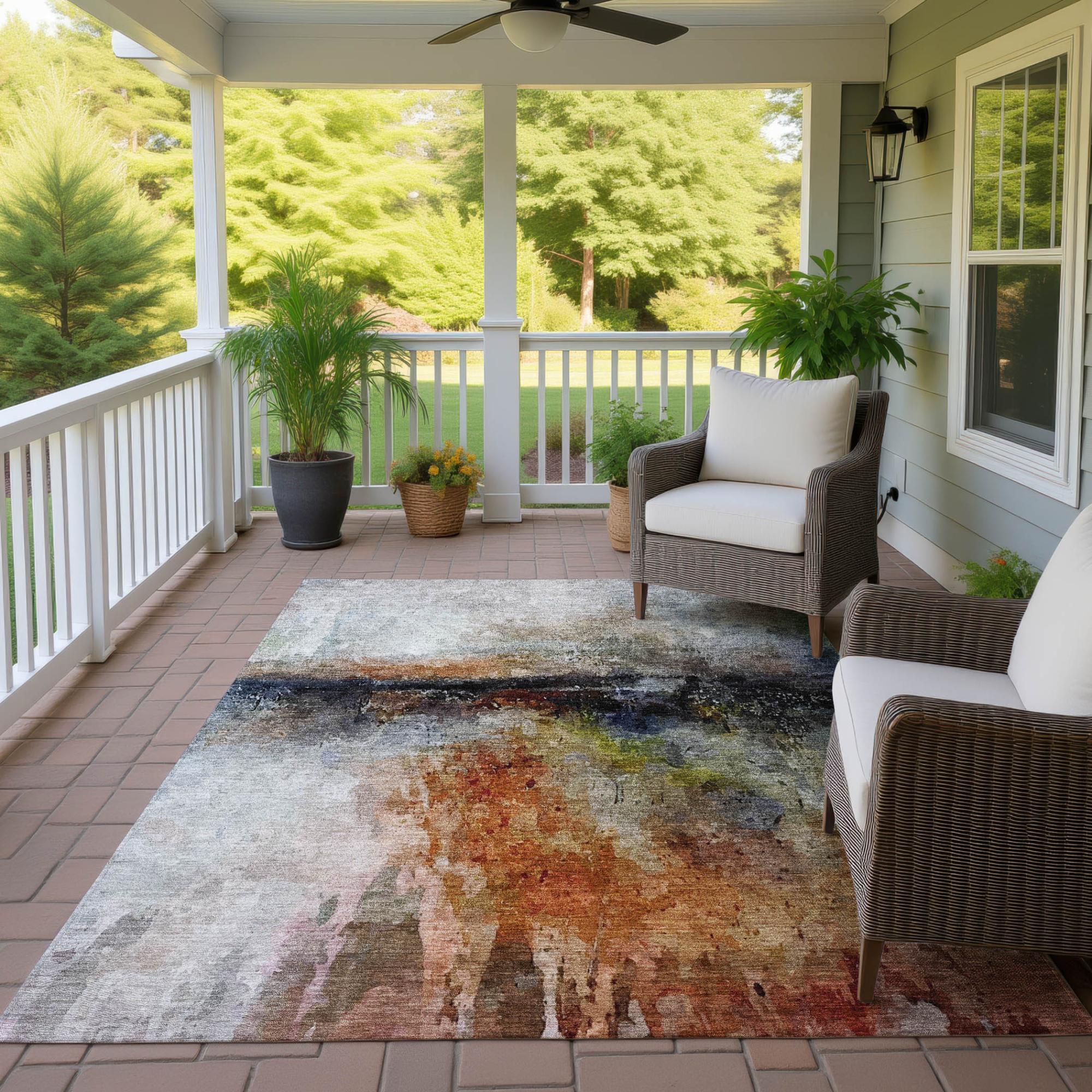 8' X 10' Orange And Silver Abstract Washable Indoor Outdoor Area Rug Homeroots Outdoor