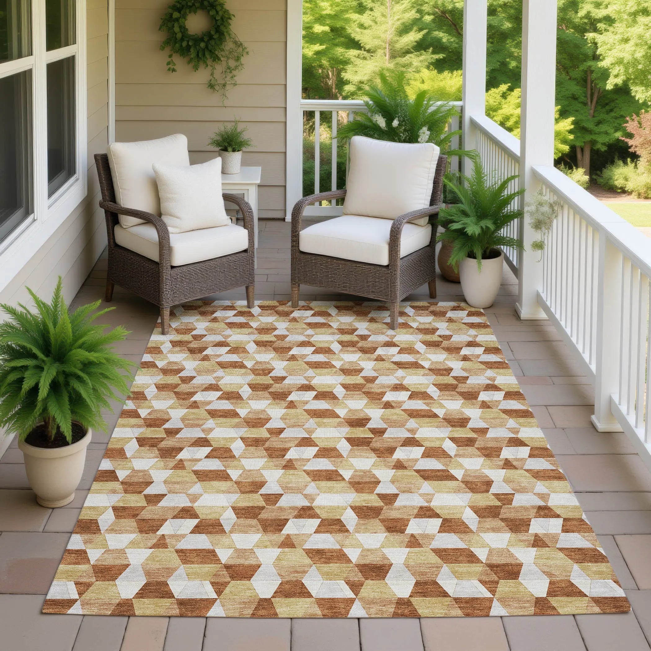 8' X 10' Orange And Silver Geometric Washable Indoor Outdoor Area Rug Homeroots Outdoor