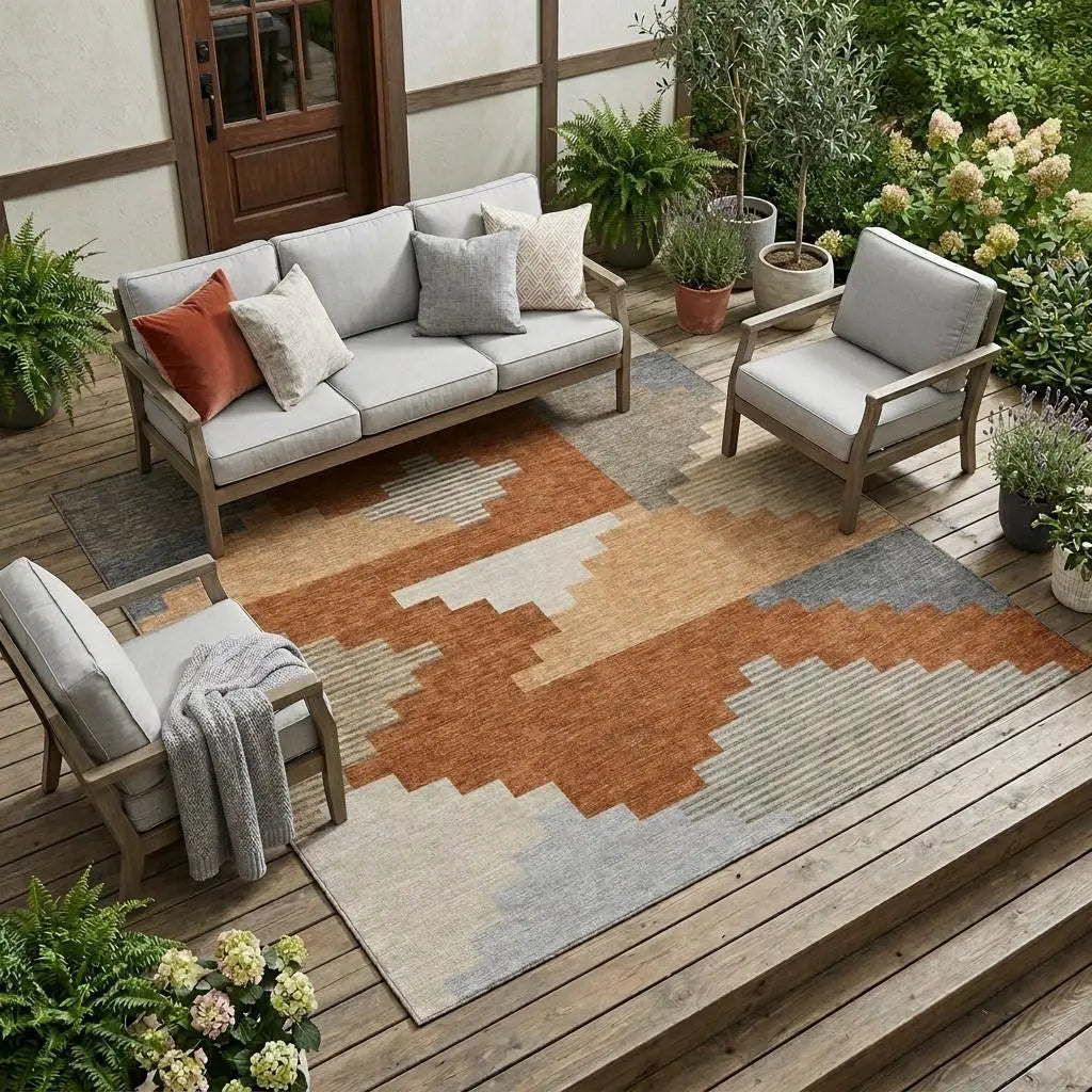 8' X 10' Orange And Silver Geometric Washable Indoor Outdoor Area Rug Homeroots Outdoor