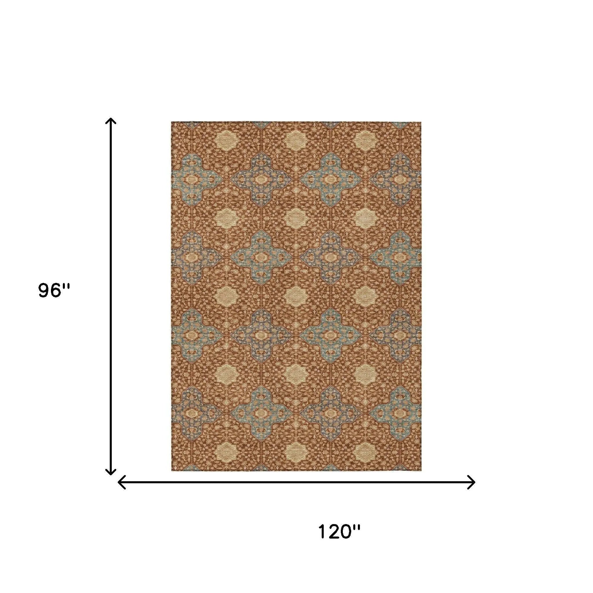 8' X 10' Orange And Teal Blue Damask Washable Indoor Outdoor Area Rug Homeroots Outdoor