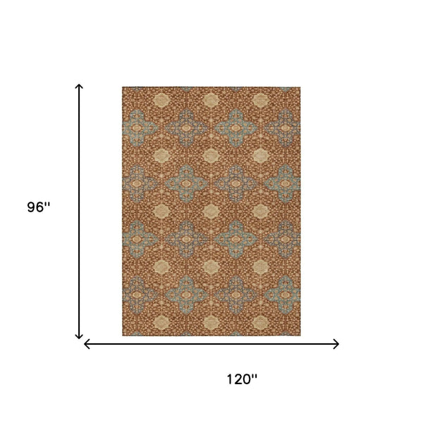 8' X 10' Orange And Teal Blue Damask Washable Indoor Outdoor Area Rug Homeroots Outdoor