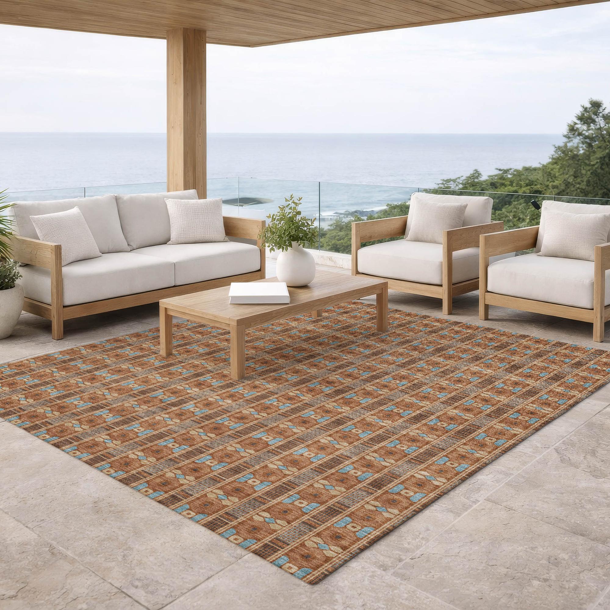 8' X 10' Orange And Teal Blue Striped Washable Indoor Outdoor Area Rug Homeroots Outdoor