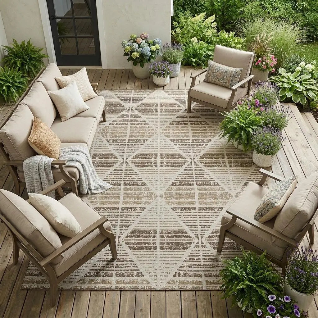 8' X 10' Pearl And Navy Blue Geometric Washable Indoor Outdoor Area Rug Homeroots Outdoor