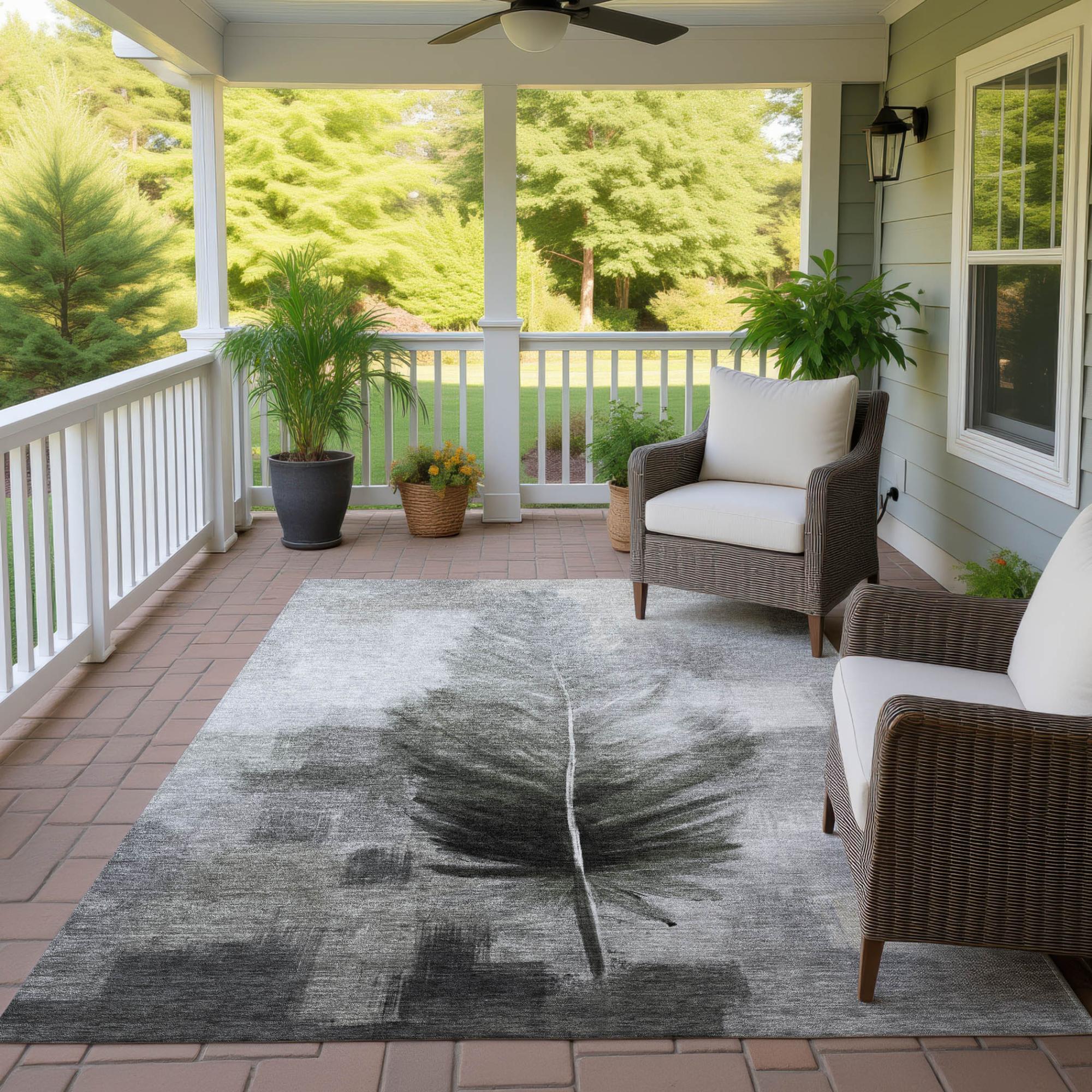 8' X 10' Pewter And Gray Botanical Leaves Washable Indoor Outdoor Area Rug Homeroots Outdoor