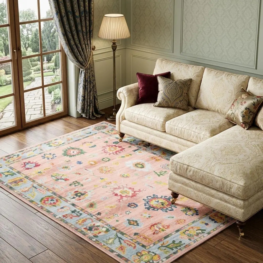 8' X 10' Pink And Blue Oriental Washable Area Rug Homeroots Home Decor