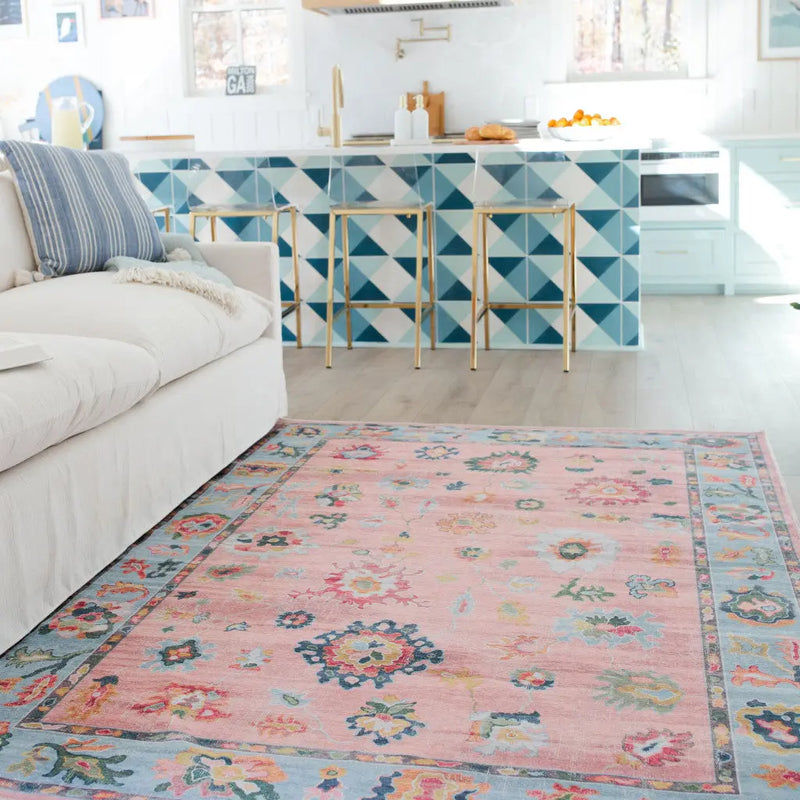 8' X 10' Pink And Blue Oriental Washable Area Rug Homeroots Home Decor
