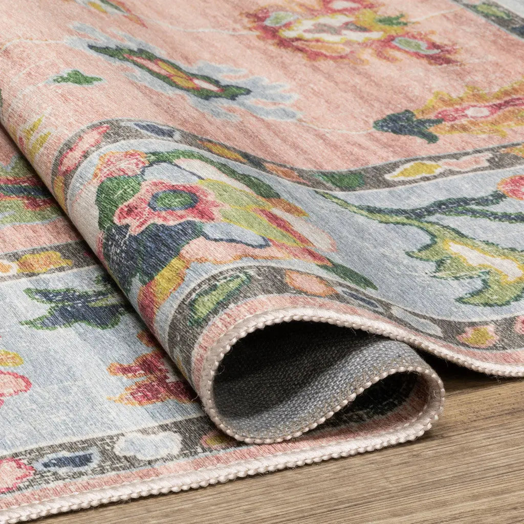 8' X 10' Pink And Blue Oriental Washable Area Rug Homeroots Home Decor