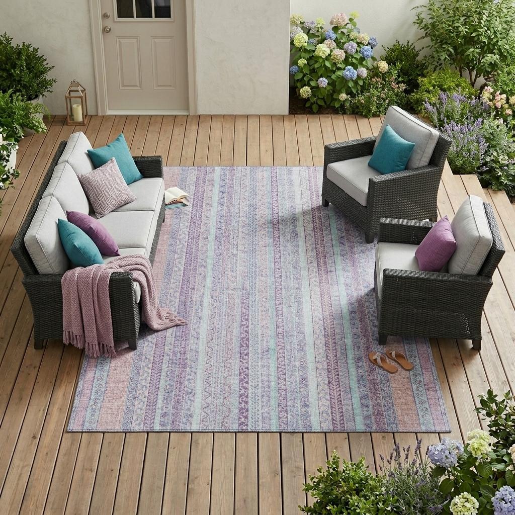 8' X 10' Pink And Lavender Striped Washable Indoor Outdoor Area Rug Homeroots Outdoor