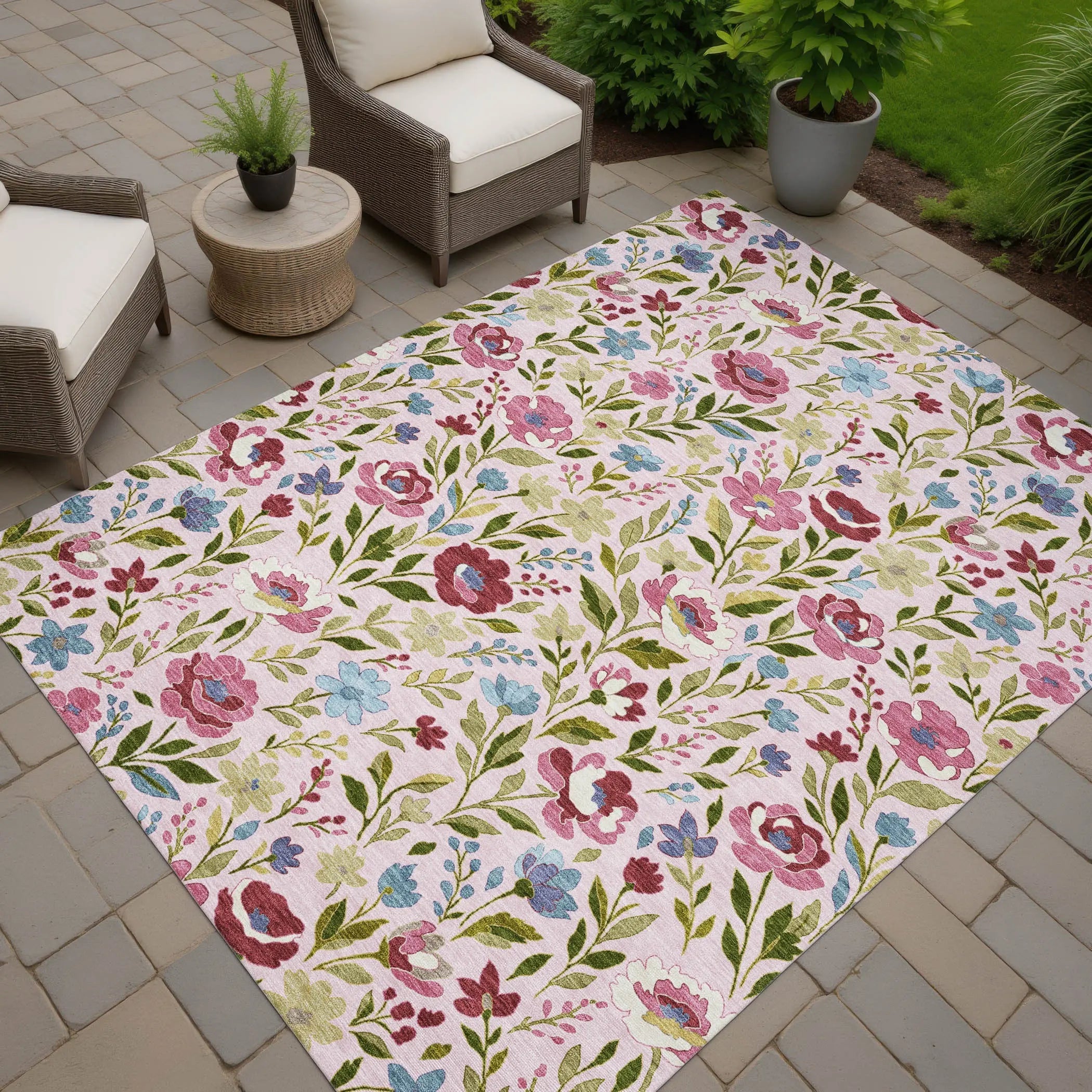 8' X 10' Pink And Linen Floral Washable Indoor Outdoor Area Rug Homeroots Outdoor