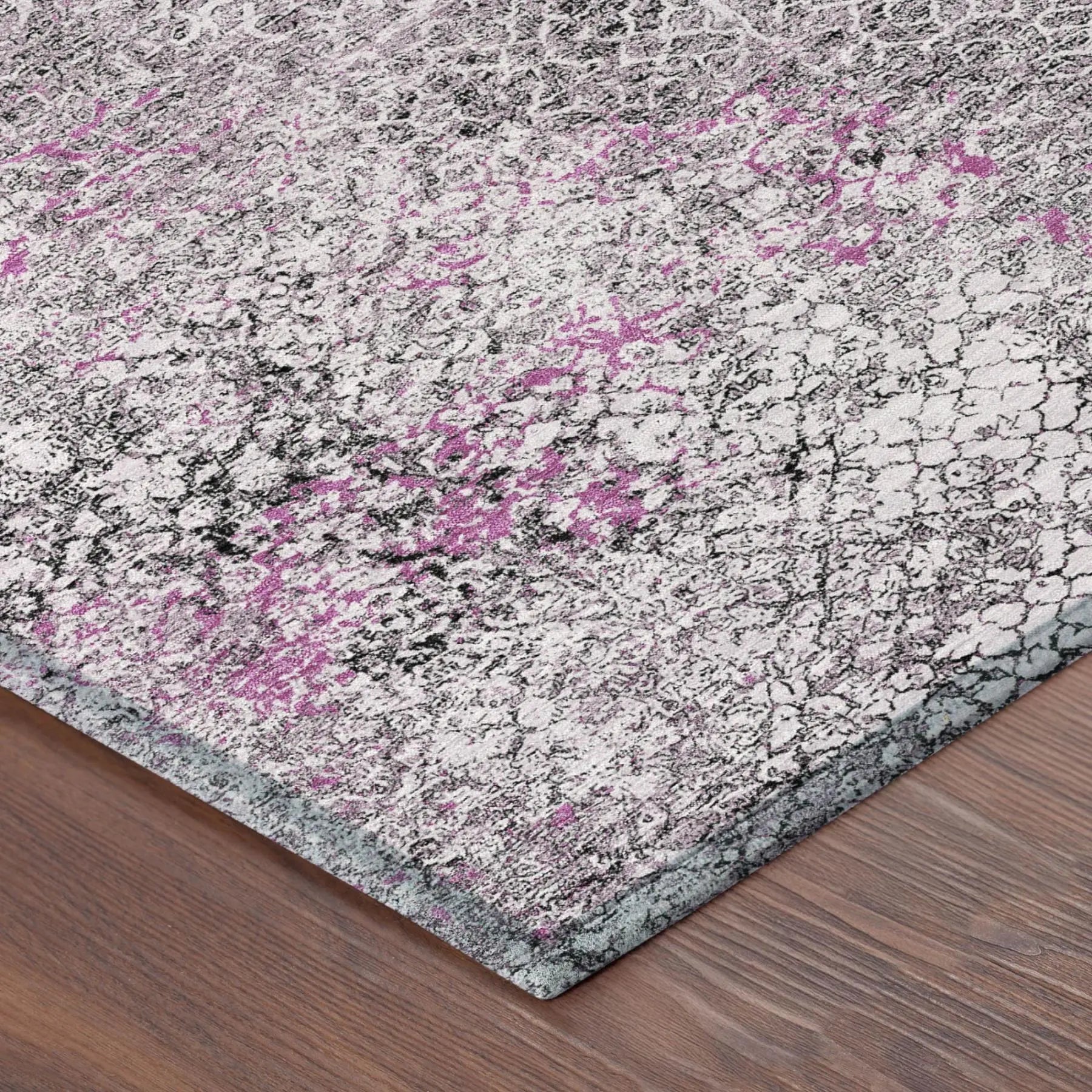 Modern purple and grey abstract area rug, textured pattern, soft synthetic material, perfect for contemporary decor.