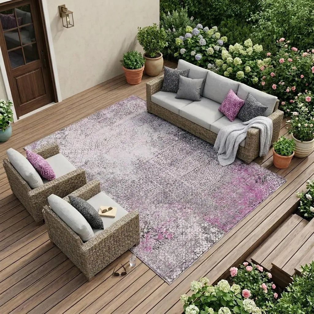 Gray and pink abstract outdoor rug on a wooden patio, surrounded by potted plants and stylish seating.