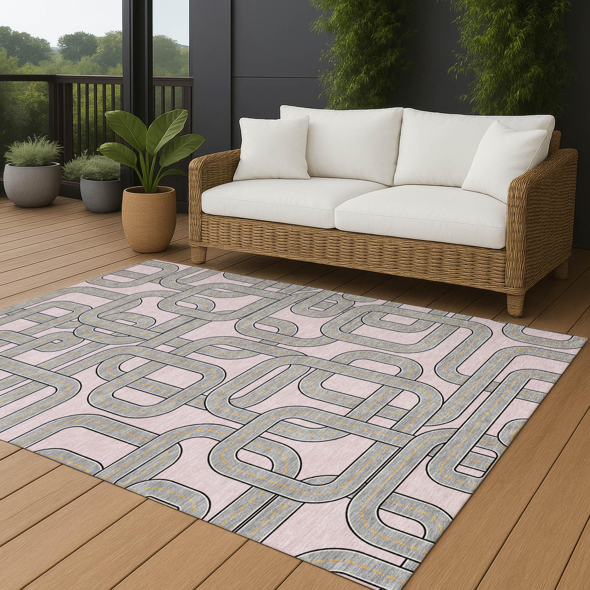 8' X 10' Pink And Pewter Geometric Washable Indoor Outdoor Area Rug Homeroots Outdoor