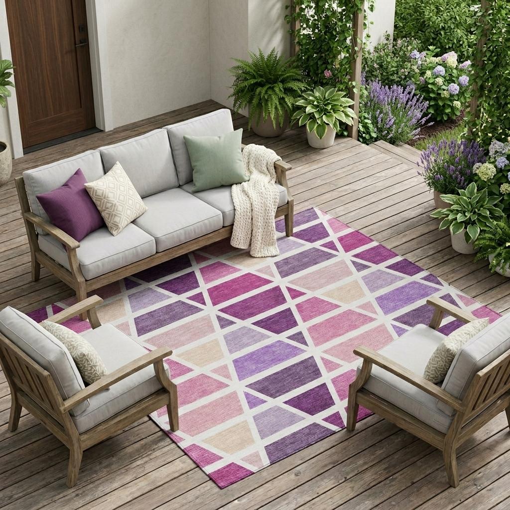 8' X 10' Pink And White Geometric Washable Indoor Outdoor Area Rug Homeroots Outdoor