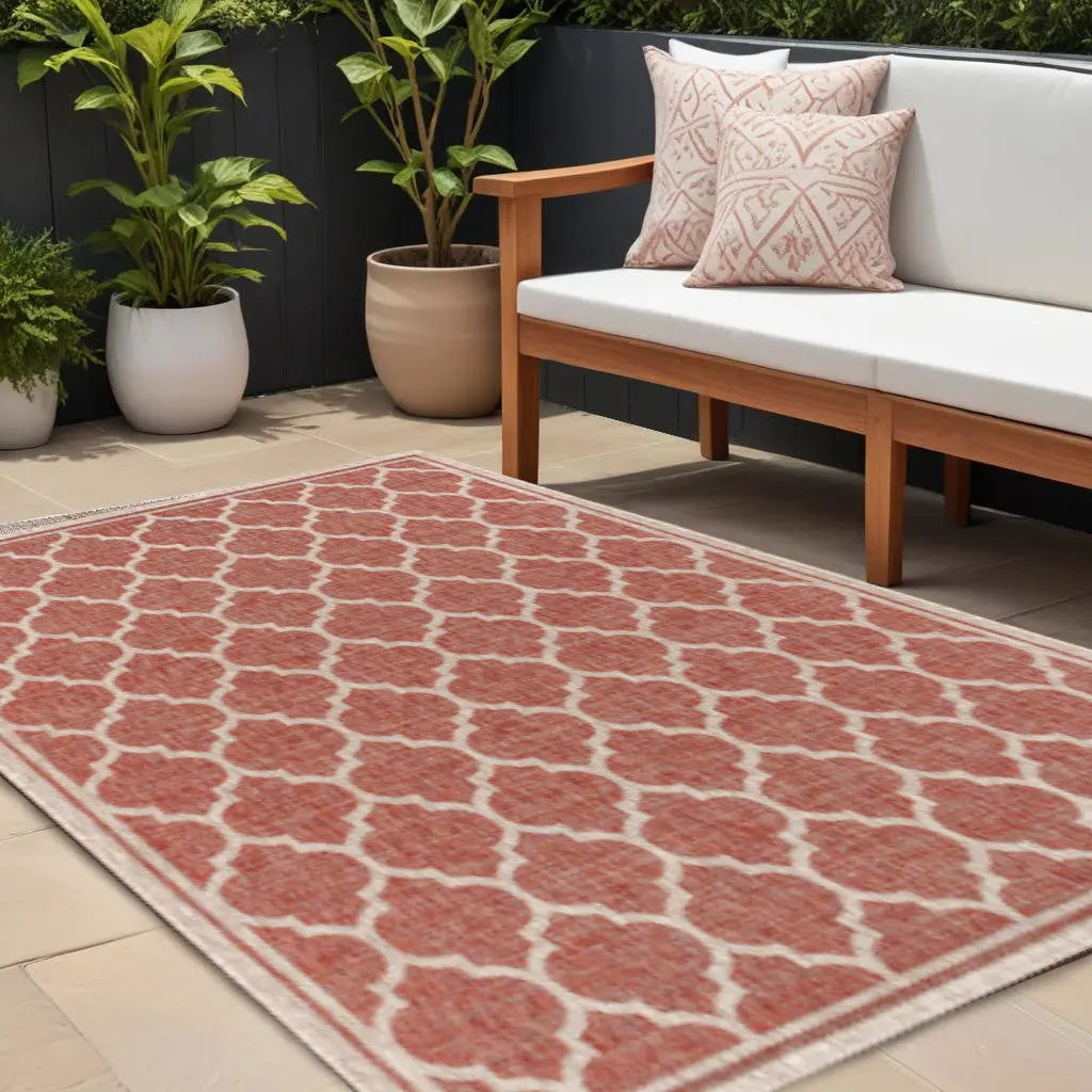 8' X 10' Red And Beige Geometric Indoor Outdoor Area Rug Homeroots Outdoor