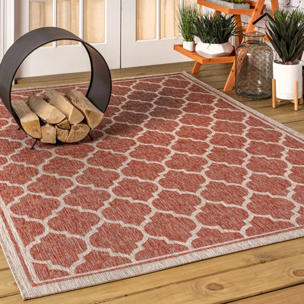 8' X 10' Red And Beige Geometric Indoor Outdoor Area Rug Homeroots Outdoor