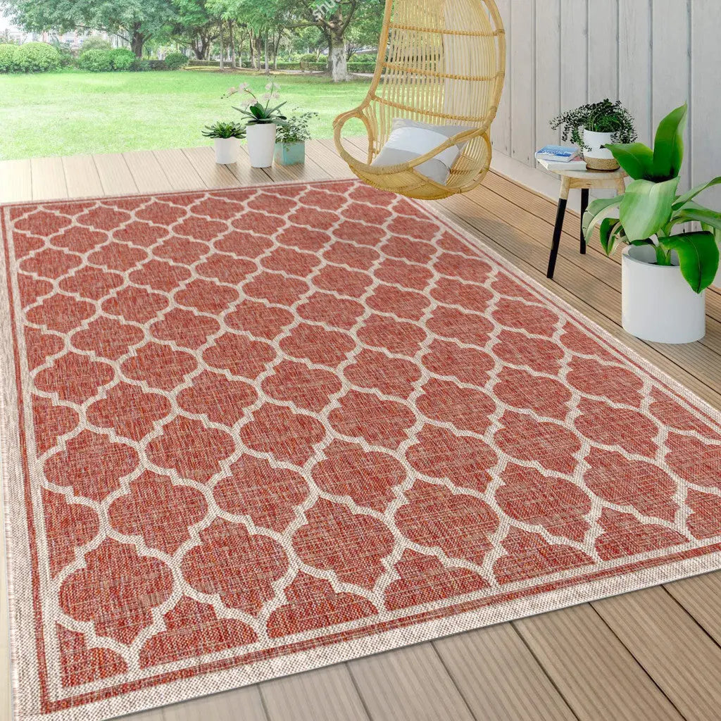 8' X 10' Red And Beige Geometric Indoor Outdoor Area Rug Homeroots Outdoor