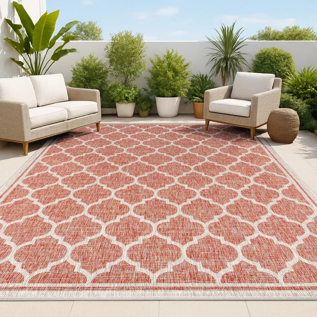 8' X 10' Red And Beige Geometric Indoor Outdoor Area Rug Homeroots Outdoor
