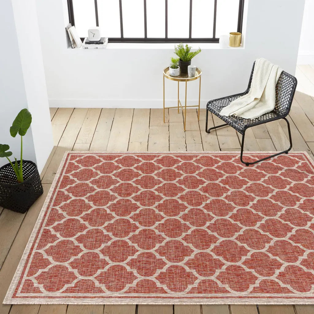 8' X 10' Red And Beige Geometric Indoor Outdoor Area Rug Homeroots Outdoor