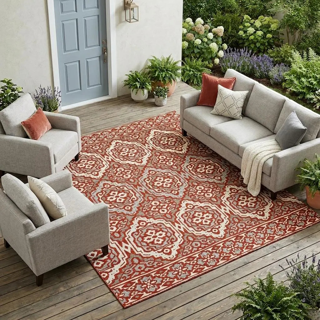 8' X 10' Red And Denim Blue Tribal Washable Indoor Outdoor Area Rug Homeroots Outdoor