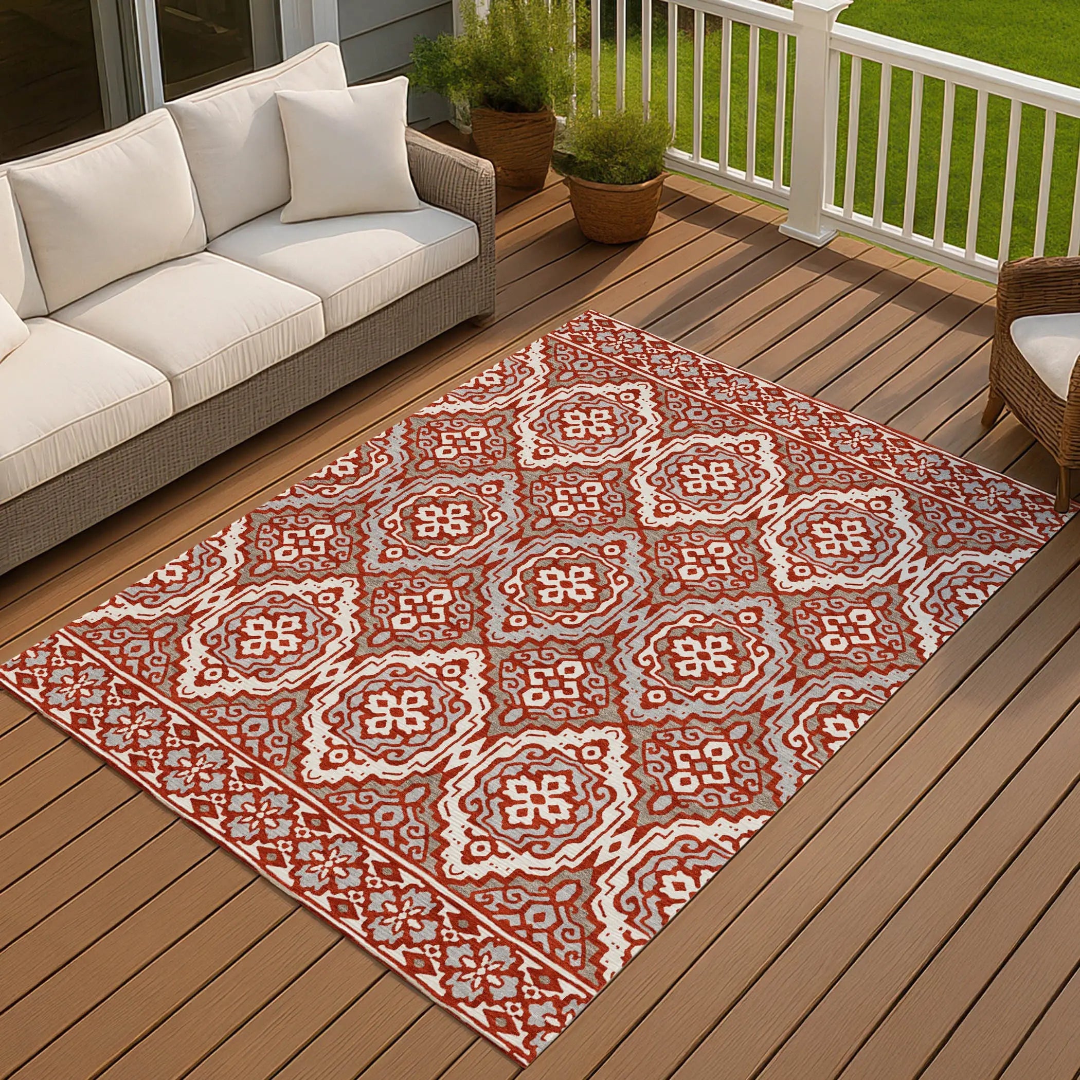8' X 10' Red And Denim Blue Tribal Washable Indoor Outdoor Area Rug Homeroots Outdoor