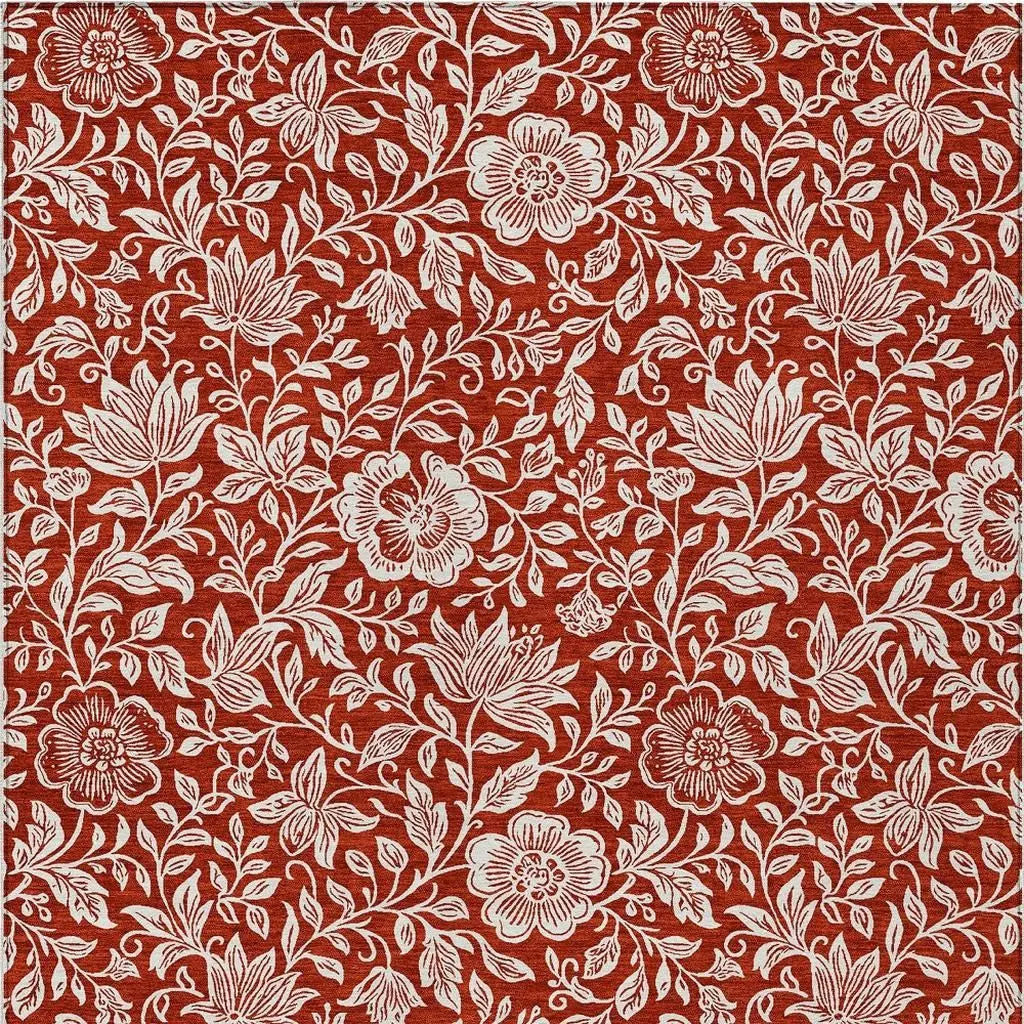 8' X 10' Red And Ivory Floral Washable Indoor Outdoor Area Rug Homeroots Outdoor